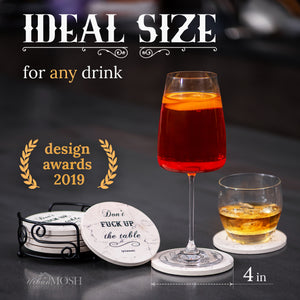 Funny Absorbent Ceramic Drink Coaster Set "Don't Fuck Up the Table (please)" Metal Holder Included