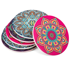 Absorbent Ceramic Stone Coasters for Drinks: Mandala Drink Coaster Set with Cork Back - Round Coasters and Holder Box for Home, Office, Bar - Coffee Table Beverage Cup Mat Sets - 4 Inch, Set of 6