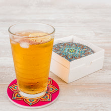 Load image into Gallery viewer, Absorbent Ceramic Stone Coasters for Drinks: Mandala Drink Coaster Set with Cork Back - Round Coasters and Holder Box for Home, Office, Bar - Coffee Table Beverage Cup Mat Sets - 4 Inch, Set of 6