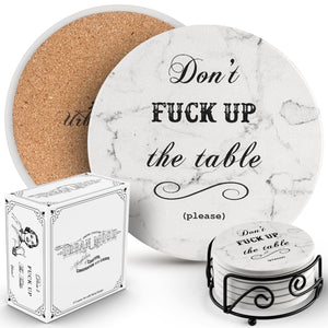 Funny Absorbent Ceramic Drink Coaster Set "Don't Fuck Up the Table (please)" Metal Holder Included