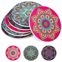 Load image into Gallery viewer, Absorbent Ceramic Stone Coasters for Drinks: Mandala Drink Coaster Set with Cork Back - Round Coasters and Holder Box for Home, Office, Bar - Coffee Table Beverage Cup Mat Sets - 4 Inch, Set of 6