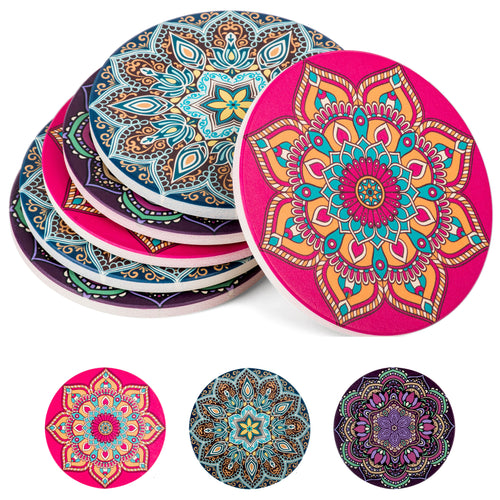 Absorbent Ceramic Stone Coasters for Drinks: Mandala Drink Coaster Set with Cork Back - Round Coasters and Holder Box for Home, Office, Bar - Coffee Table Beverage Cup Mat Sets - 4 Inch, Set of 6